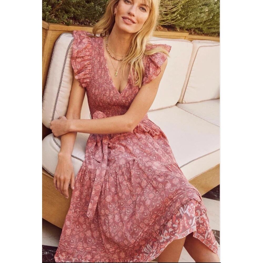 Cleobella Rita Ankle Tiered Midi Dress Women Small Pink Floral Smocked Tie Waist